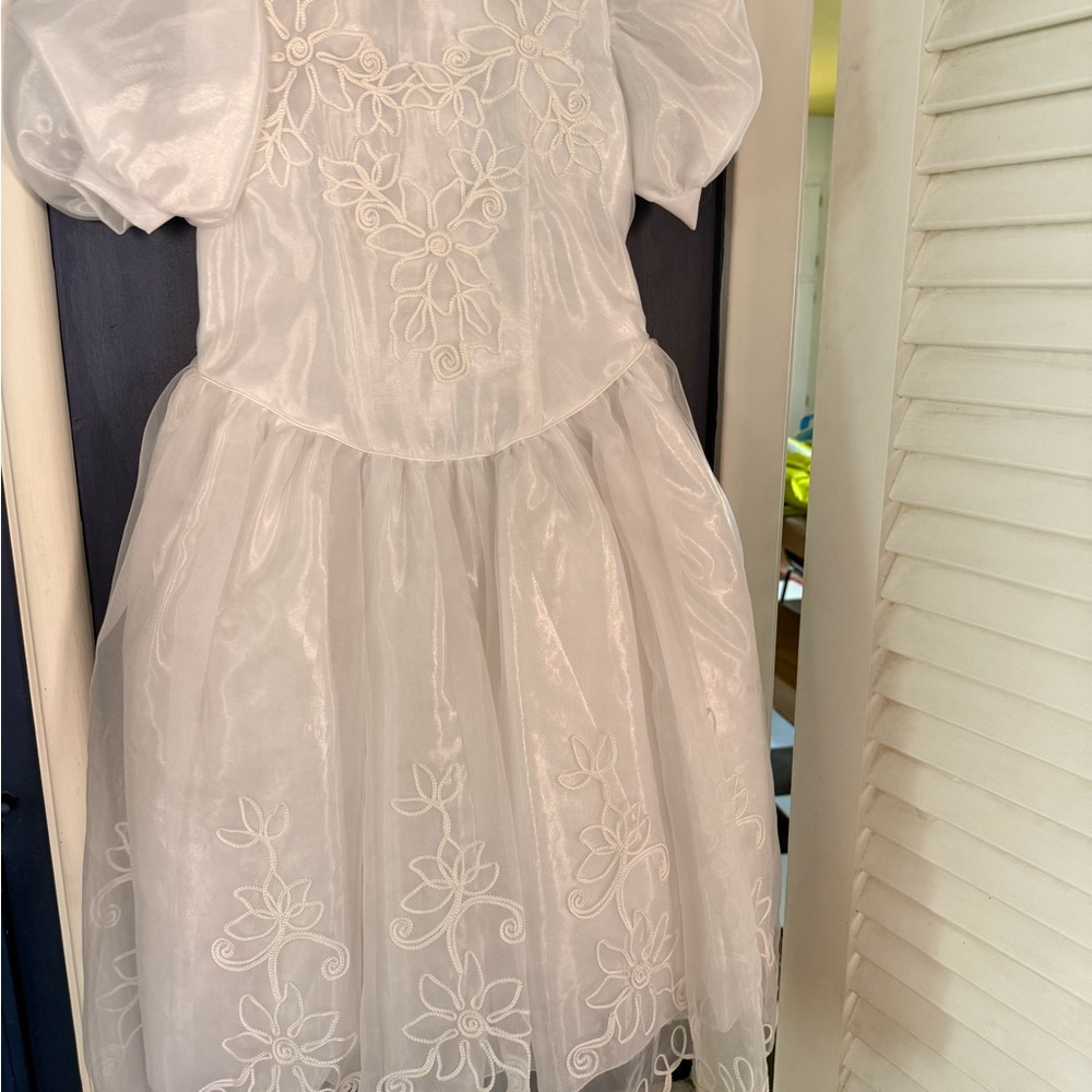 Vintage White Puff Sleeve Embroidered First Communion Dress
